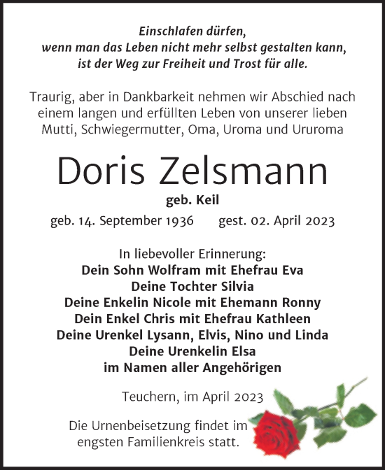 Traueranzeige von Doris Zelsmann von Trauerkombi Weißenfels