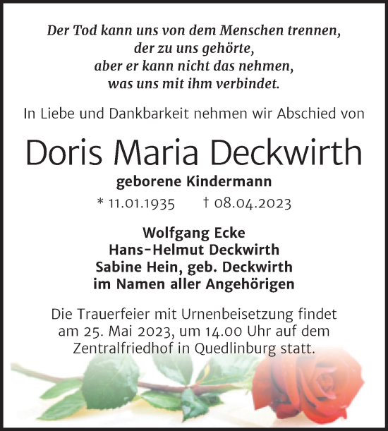 Traueranzeige von Doris Maria Deckwirth von Trauerkombi Quedlinburg