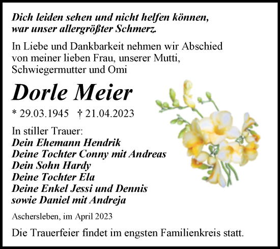Traueranzeige von Dorle Meier von Trauerkombi Aschersleben
