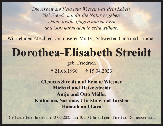 Traueranzeige von Dorothea-Elisabeth Streidt von Volksstimme Magdeburg
