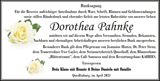 Traueranzeige von Dorothea Pahnke von Trauerkombi Quedlinburg