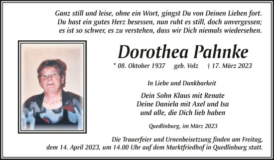 Traueranzeige von Dorothea Pahnke von Trauerkombi Quedlinburg