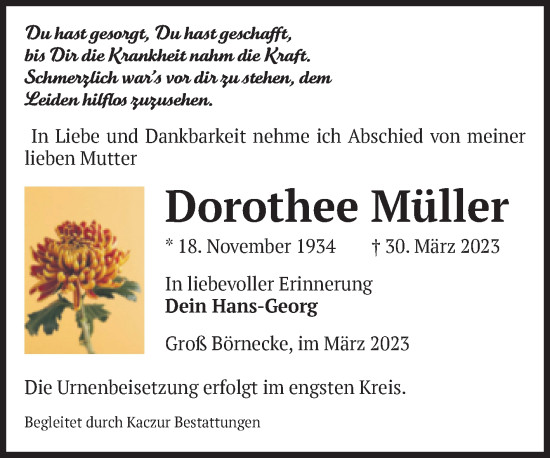 Traueranzeige von Dorothee Müller von Volksstimme Staßfurt