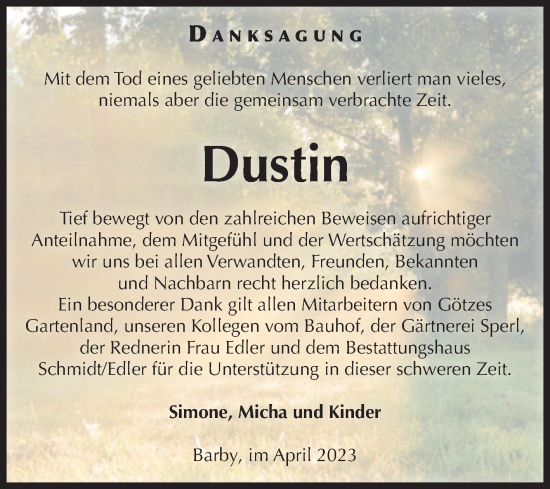 Traueranzeige von Dustin  von Volksstimme Schönebeck