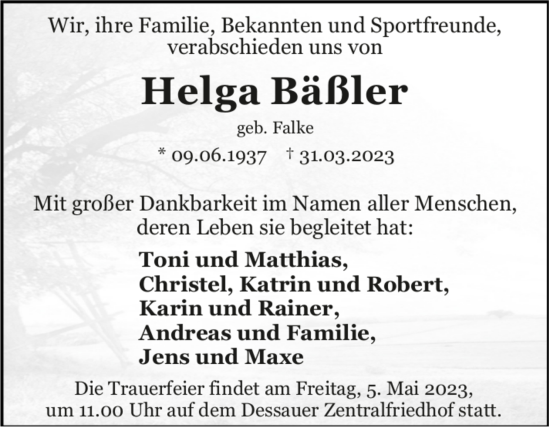 Traueranzeige von Helga Bäßler von Mitteldeutsche Zeitung Dessau-Roßlau