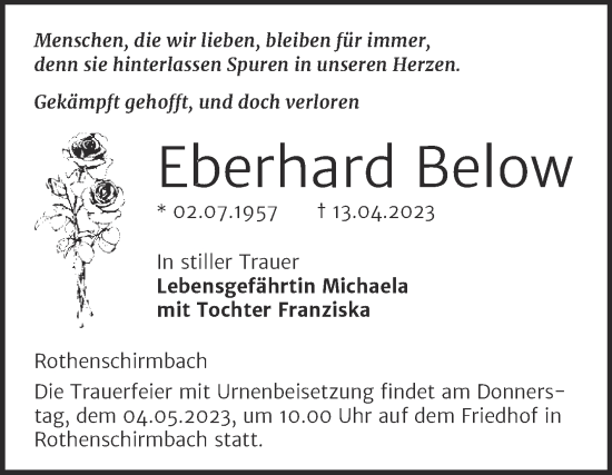 Traueranzeige von Eberhard Below von Trauerkombi Mansfelder Land
