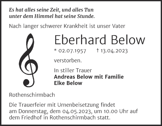 Traueranzeige von Eberhard Below von Wochenspiegel Naumburg/Nebra