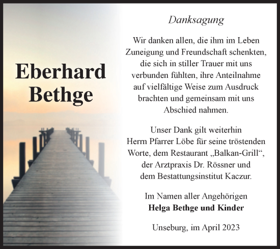 Traueranzeige von Eberhard Bethge von Volksstimme Staßfurt