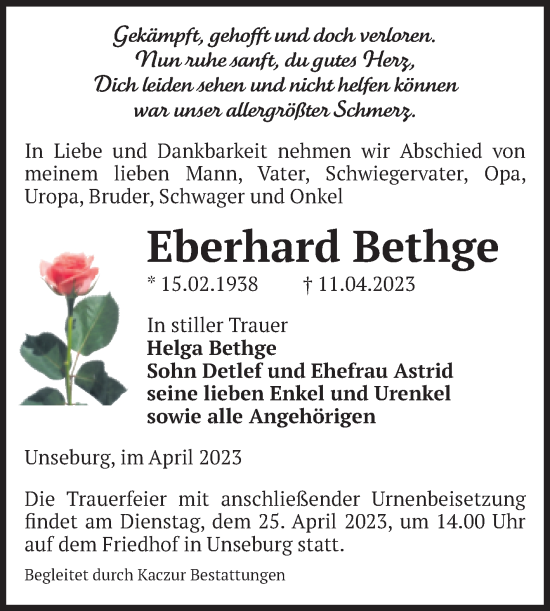 Traueranzeige von Eberhard Bethge von Volksstimme Staßfurt