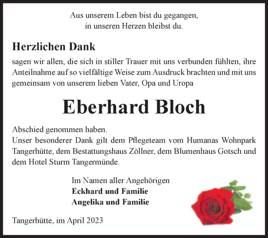 Traueranzeige von Eberhard Bloch von Volksstimme Altmark Ost