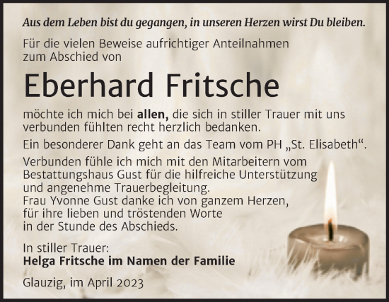 Traueranzeige von Eberhard Fritsche von Trauerkombi Köthen