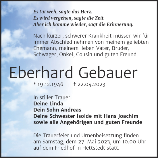 Traueranzeige von Eberhard Gebauer von Trauerkombi Mansfelder Land