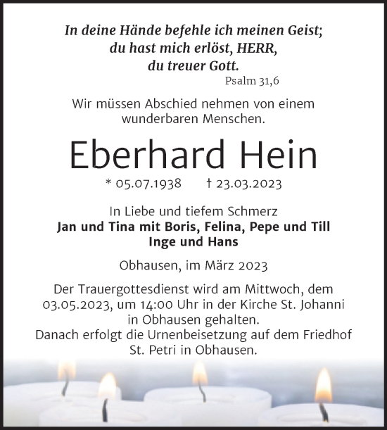 Traueranzeige von Eberhard Hein von Trauerkombi Merseburg