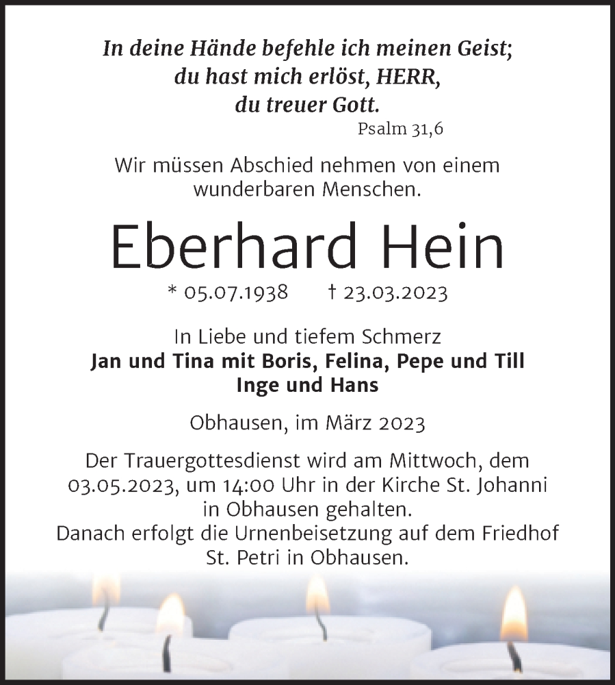  Traueranzeige für Eberhard Hein vom 06.04.2023 aus Trauerkombi Merseburg