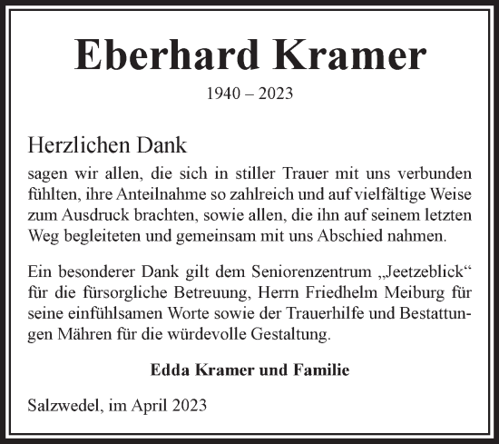 Traueranzeige von Eberhard Kramer von Volksstimme Altmark West