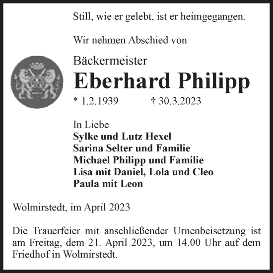 Traueranzeige von Eberhard Philipp von Volksstimme Haldensleben/Wolmirstedt