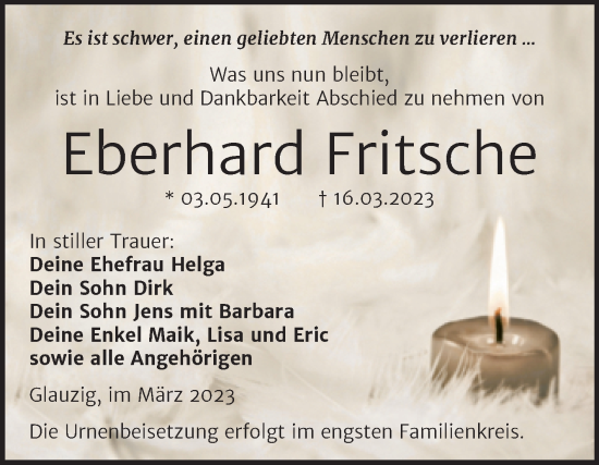 Traueranzeige von Eberhard Pritsche von Trauerkombi Köthen