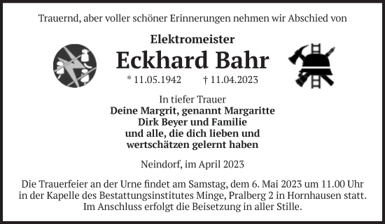 Traueranzeige von Eckhard Bahr von Volksstimme Oschersleben/Wanzleben