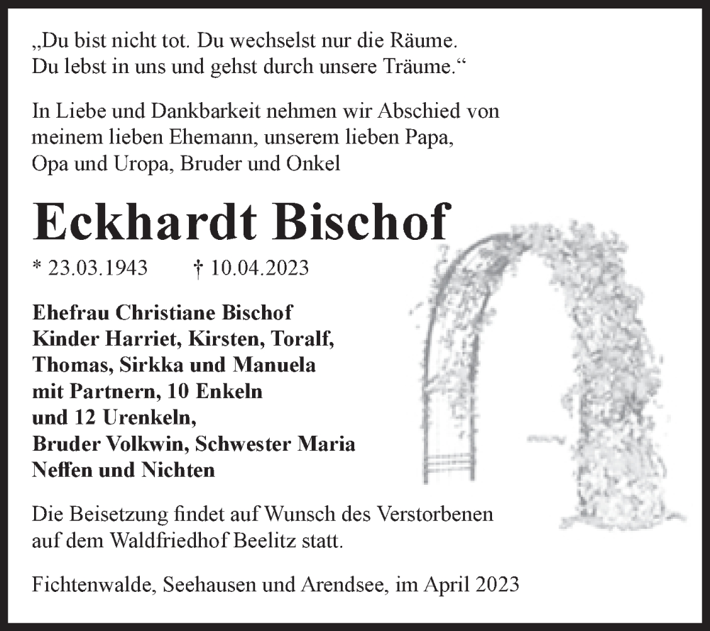  Traueranzeige für Eckhardt Bischof vom 29.04.2023 aus Volksstimme Altmark Ost