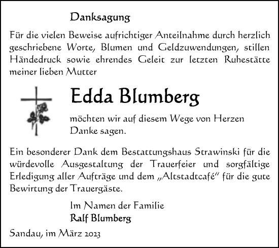 Traueranzeige von Edda Blumberg von Volksstimme Altmark Ost