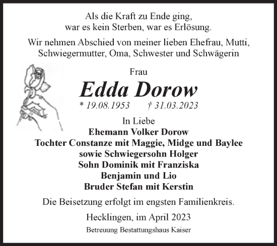 Traueranzeige von Edda Dorow von Volksstimme Staßfurt