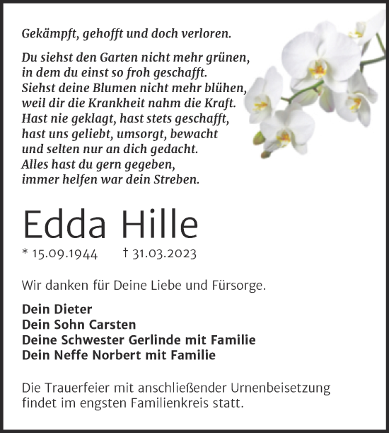 Traueranzeige von Edda Hille von Trauerkombi Wittenberg