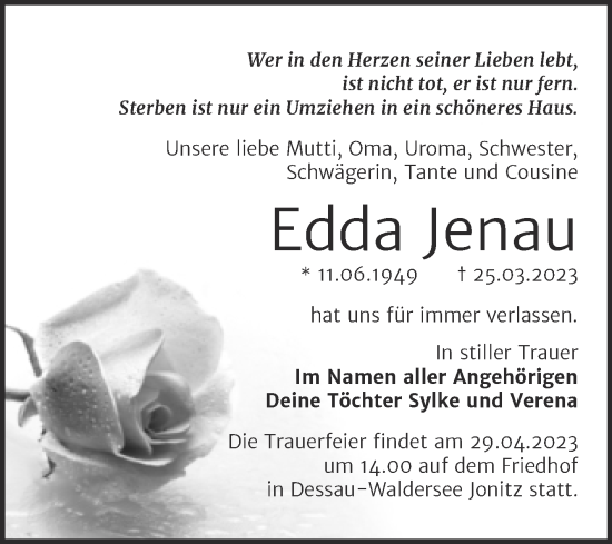 Traueranzeige von Edda Jenau von Trauerkombi Dessau