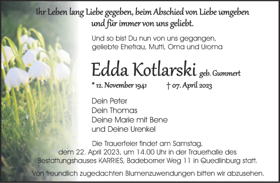 Traueranzeige von Edda Kotlarski von Trauerkombi Quedlinburg