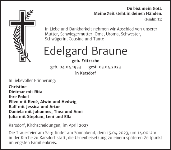 Traueranzeige von Edelgard Braune von Wochenspiegel Naumburg/Nebra