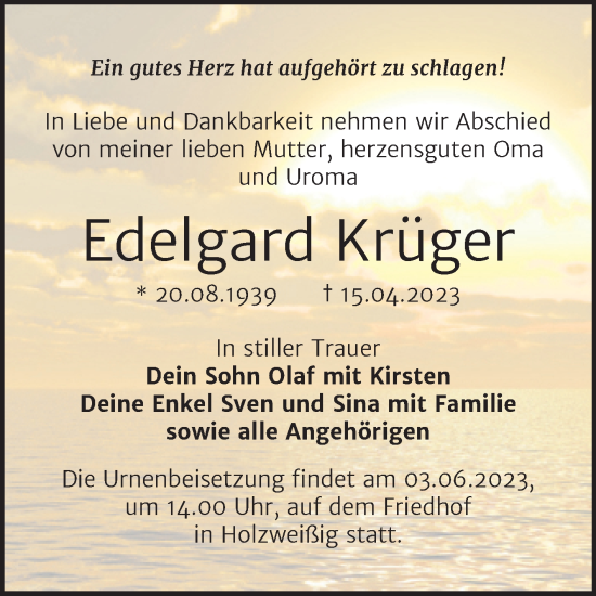 Traueranzeige von Edelgard Krüger von Trauerkombi Bitterfeld