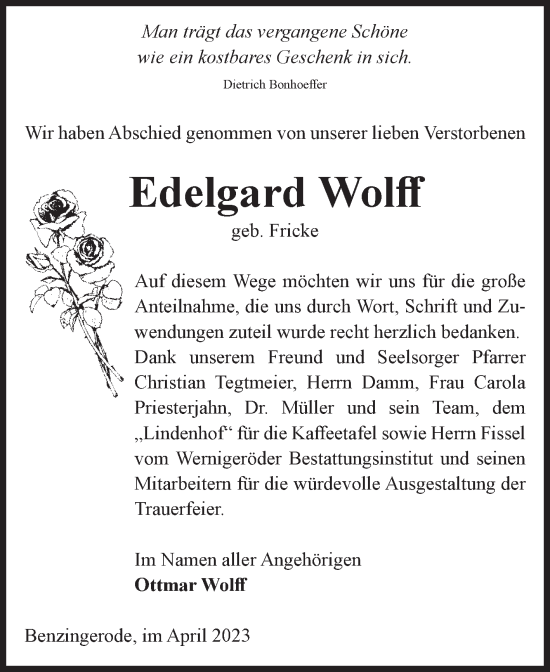 Traueranzeige von Edelgard Wolff von Volksstimme Wernigerode