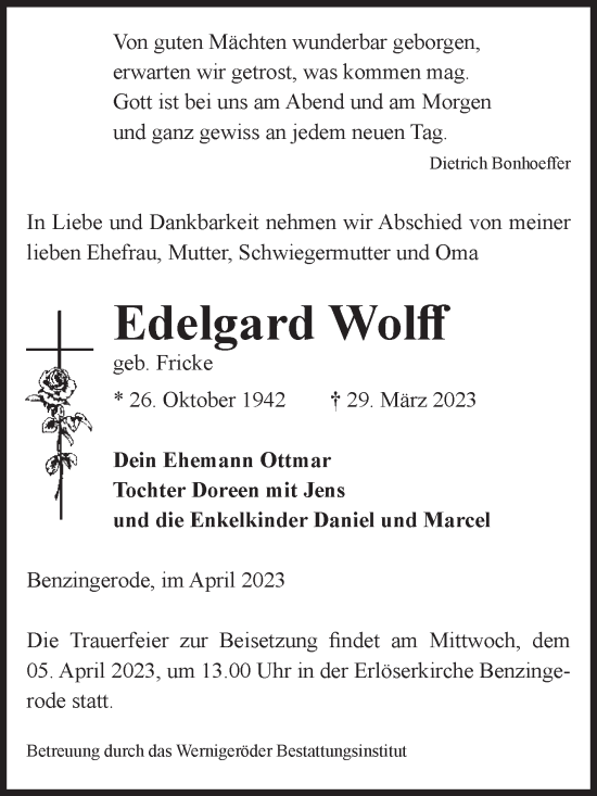 Traueranzeige von Edelgard Wolff von Volksstimme Wernigerode