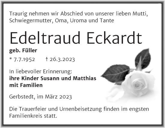 Traueranzeige von Edeltraud Eckardt von Trauerkombi Mansfelder Land