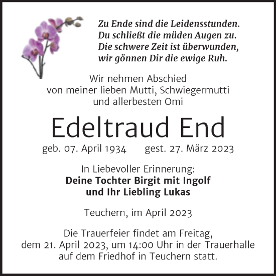 Traueranzeige von Edeltraud End von Trauerkombi Weißenfels