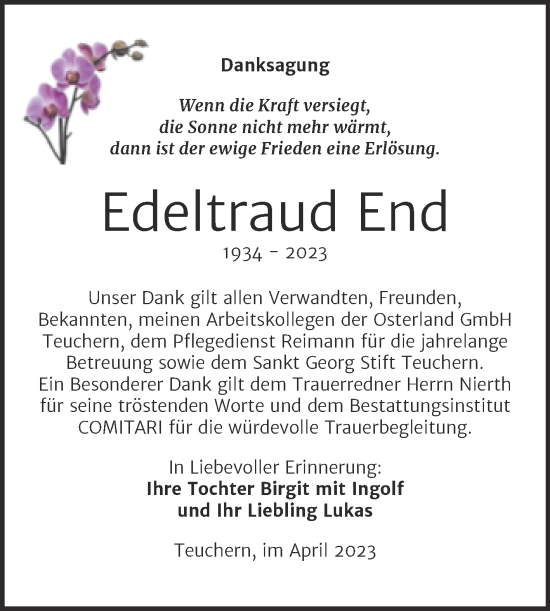 Traueranzeige von Edeltraud End von Trauerkombi Weißenfels