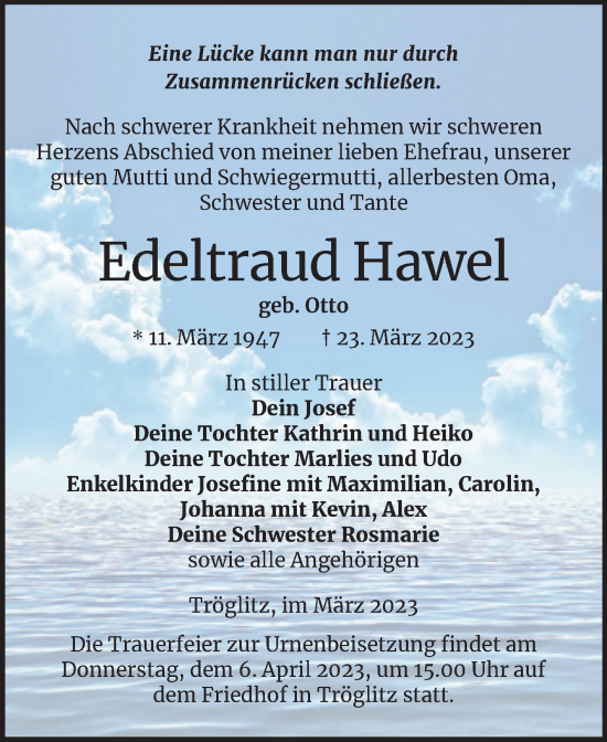 Traueranzeige von Edeltraud Hawel von Trauerkombi Zeitz