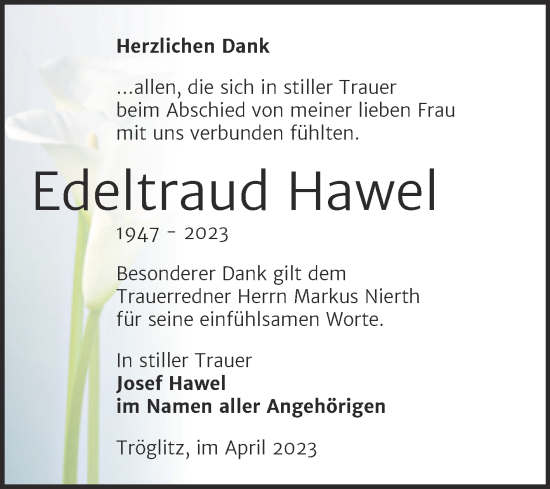 Traueranzeige von Edeltraud Hawel von Trauerkombi Zeitz