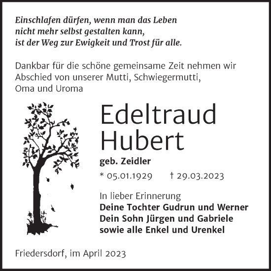 Traueranzeige von Edeltraud Hubert von Trauerkombi Bitterfeld