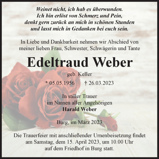 Traueranzeige von Edeltraud Weber von Volksstimme Burg/Genthin