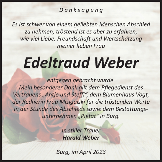 Traueranzeige von Edeltraud Weber von Volksstimme Burg/Genthin