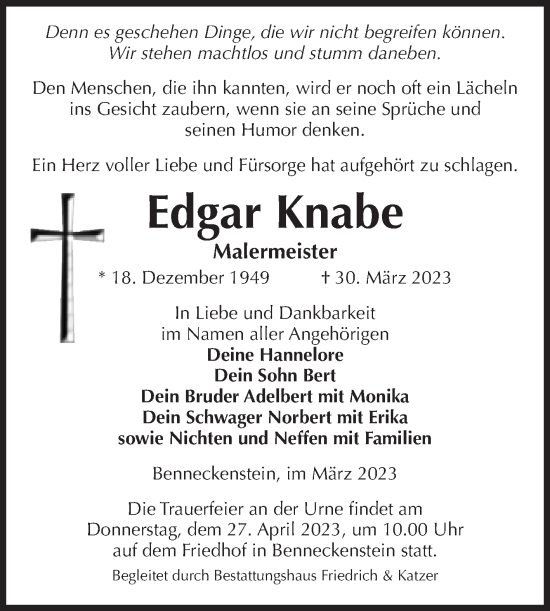 Traueranzeige von Edgar Knabe von Volksstimme Wernigerode