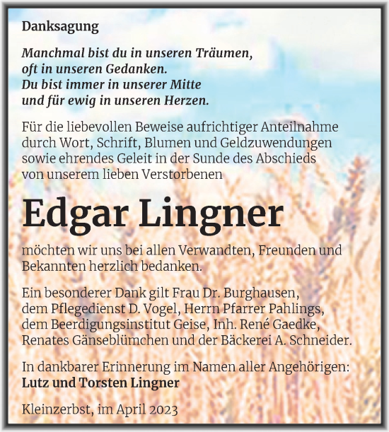 Traueranzeige von Edgar Lingner von Trauerkombi Köthen