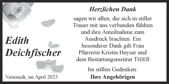 Traueranzeige von Edith Deichfischer von Trauerkombi Quedlinburg
