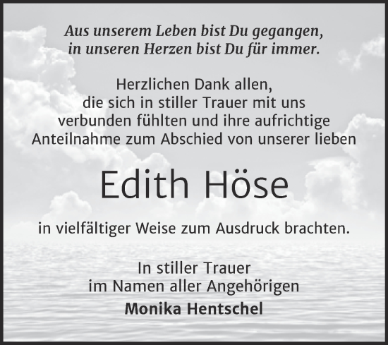 Traueranzeige von Edith Höse von Trauerkombi Wittenberg