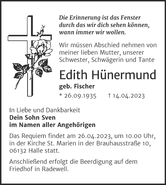 Traueranzeige von Edith Hünermund von Mitteldeutsche Zeitung Halle/Saalkreis
