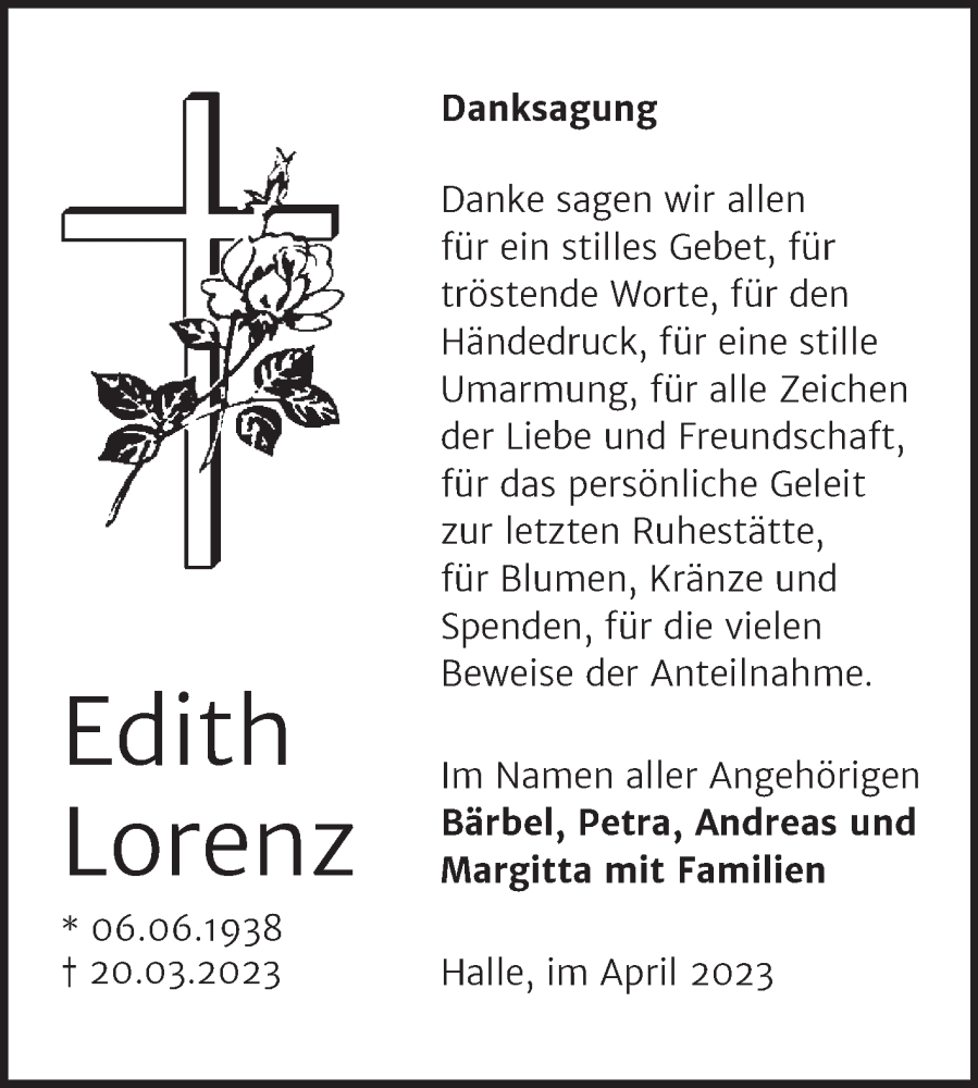  Traueranzeige für Edith Lorenz vom 22.04.2023 aus Mitteldeutsche Zeitung Halle/Saalkreis