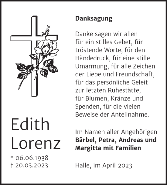 Traueranzeige von Edith Lorenz von Mitteldeutsche Zeitung Halle/Saalkreis