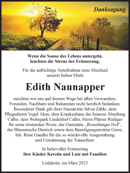 Traueranzeige von Edith Naunapper von Volksstimme Schönebeck