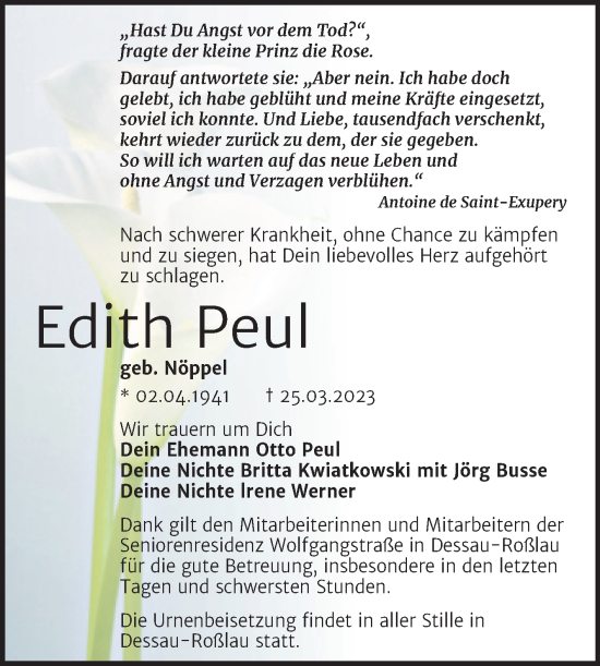 Traueranzeige von Edith Peul von Trauerkombi Bitterfeld