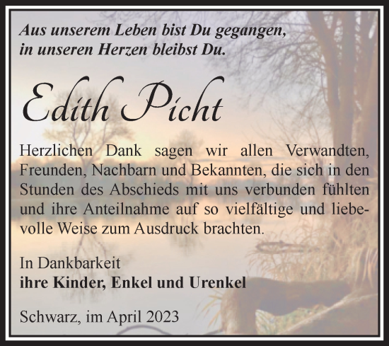 Traueranzeige von Edith Picht von Volksstimme Schönebeck
